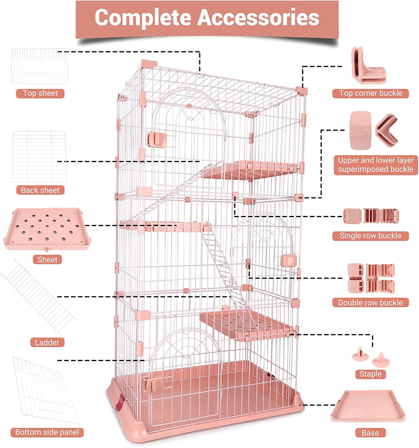 4-Tier Wire Cat Cage Playpen Kennel, 64 Inch Cat Catios Large Space for 1-3 Cats, Pink Cat Crate with 3 Platforms 3 Front Doors 2 Ramp Ladders