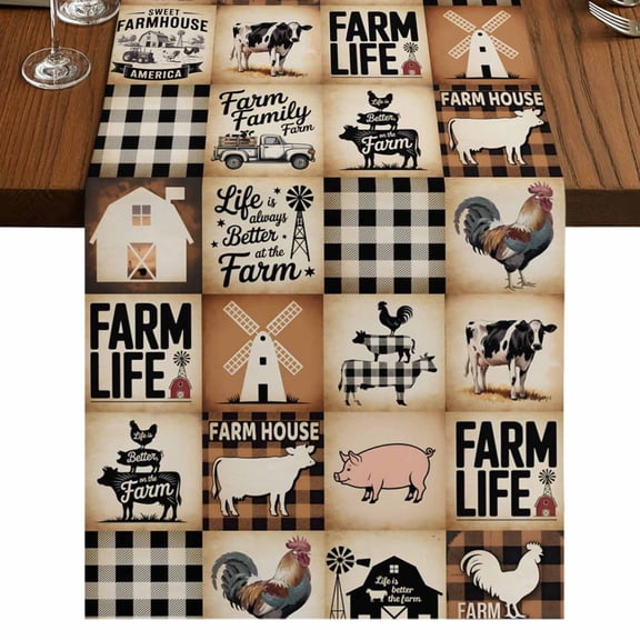 Farmhouse Checkered Burlap Cotton Table Runner 13x72 Inches Long, Rustic Retro Farm Life Assembling Farmhouse Table Runners, Outdoor Dining Tablecloths Decor for Baby Shower/Party/Wedding