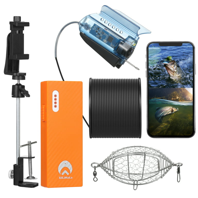 1080p Underwater Fishing Camera with App Control Fishing Live Video Camera Fish Finder with 50m Cable Mobile Phone Holder Bait Cage Carry Case for Ice