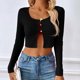 thumbnail image 5 of Suéter tipo cárdigan corto de punto de manga larga con botones en la parte delantera para mujer, blusa informal ajustada de punto sexy con canalé para mujer, 5 of 6