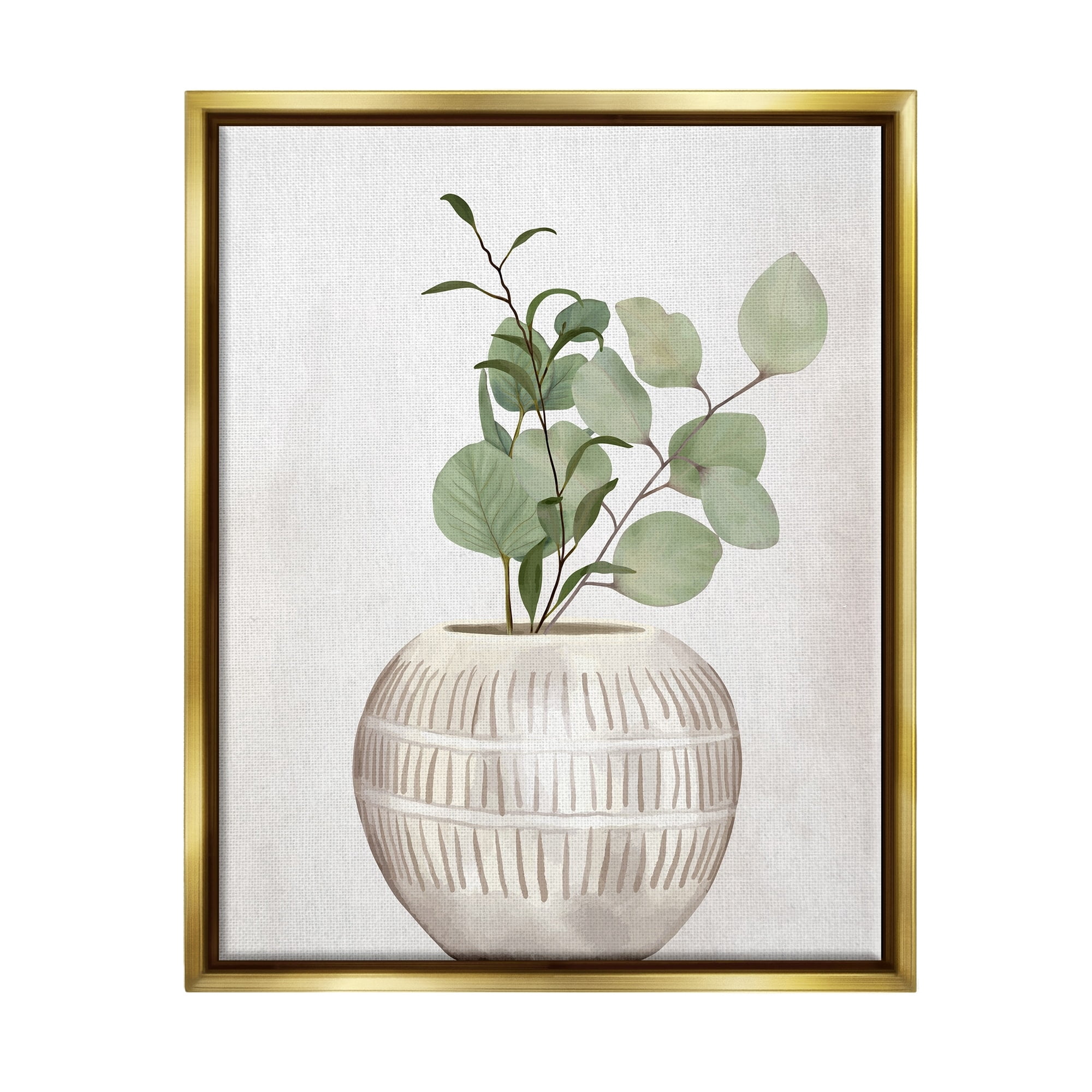 Stupell Industries Potted Herbal Plants Round Leaves Patterned Vase Painting Metallic Gold Floating Framed Canvas Print Wall Art, Design by Kim Allen