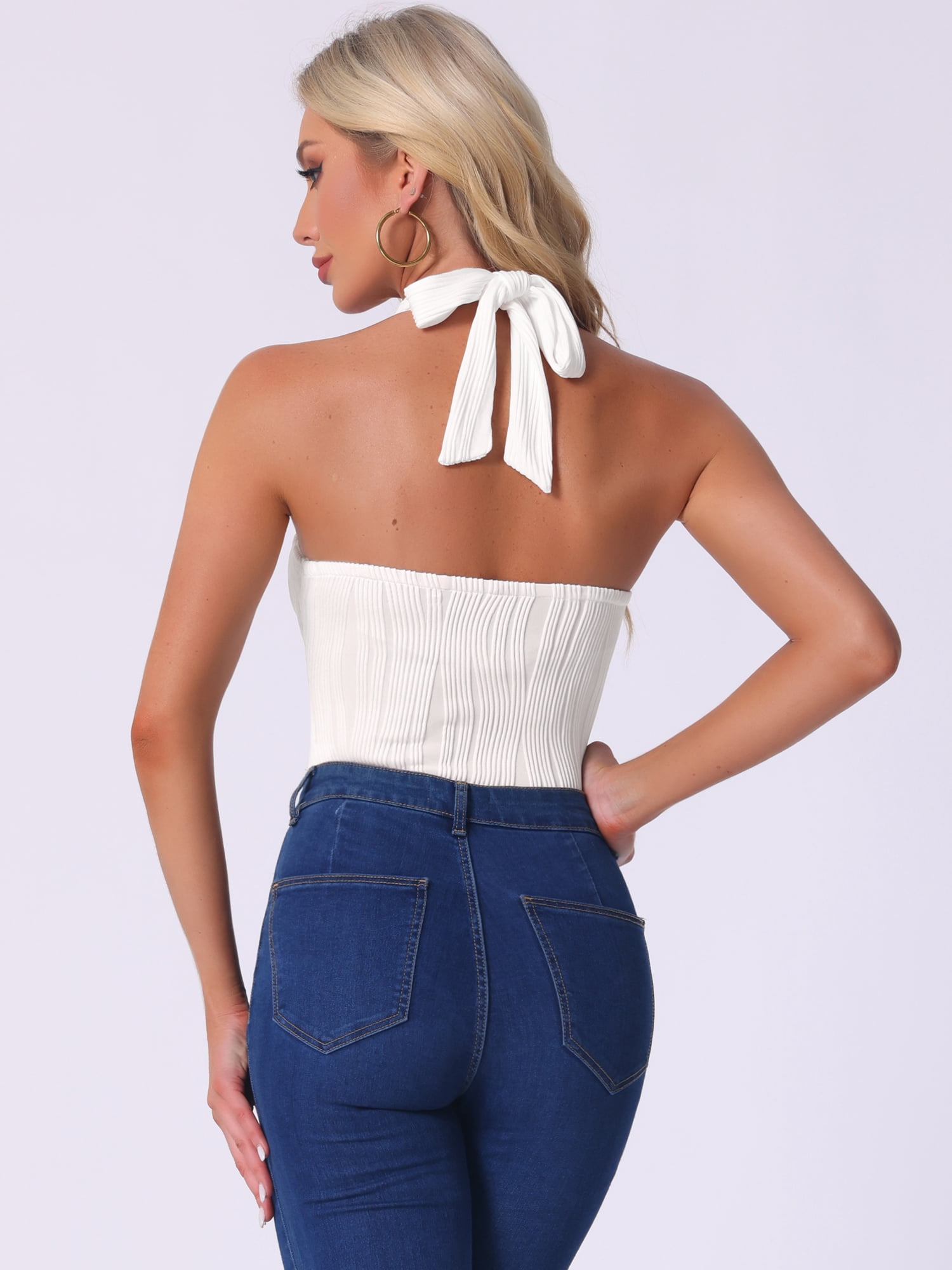 DARING DIVA Criss Cross Halter Neck Bodysuit Top Clubwear L White