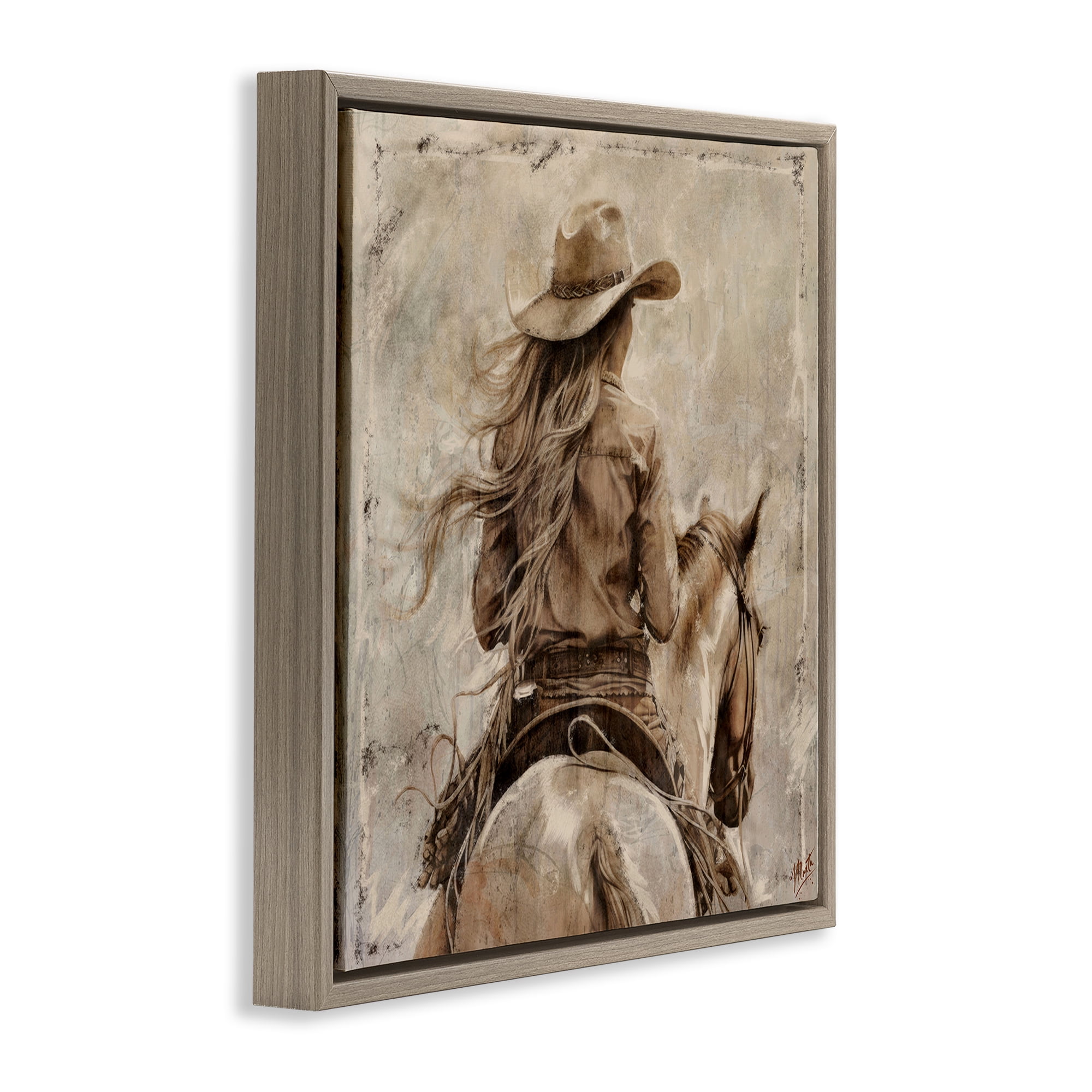 Stupell Industries Windblown Cowgirl on Horseback Brown Framed Floater Canvas Wall Art, design by Marta Wiley