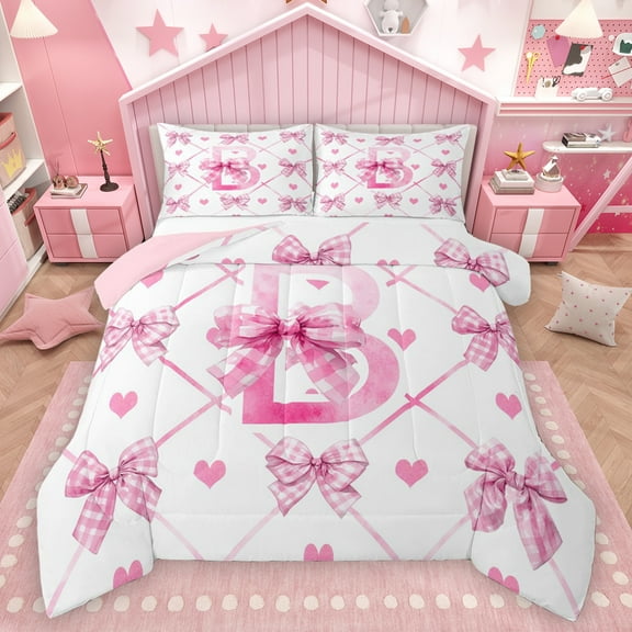Homewish Kawaii Princess Letter B Bedding Comforter Set, Girly Pink Buffalo Bow-tie Twin Comforter Sets, Teens Kids Girls Reversible Bedding Set, Super Cozy Room Decor, 2 Pieces