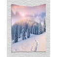 thumbnail image 1 of Mountain Tapestry, Idyllic Winter Morning in Woodland Rising Sun Pine Trees Forest Snowy Foggy, Wall Hanging for Bedroom Living Room Dorm Decor, 40W X 60L Inches, Light Pink White, by Ambesonne, 1 of 1