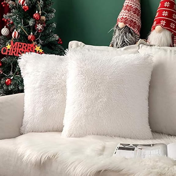 Eryueer Pack of 2 Faux Fur Cushion Covers Fluffy Soft Decorative Square Pillowcase Plush Case Faux Fur Throw Pillow Cover For Livingroom Sofa Bedroom 18x18 Inch 45x45cm 18"x18" White