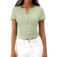 thumbnail image 4 of Dwellite Womens Summer Short Sleeve Tops V Neck Button Henley T Shirts Slim Fitted Blouses Spring Basic Tees Light Green M, 4 of 6