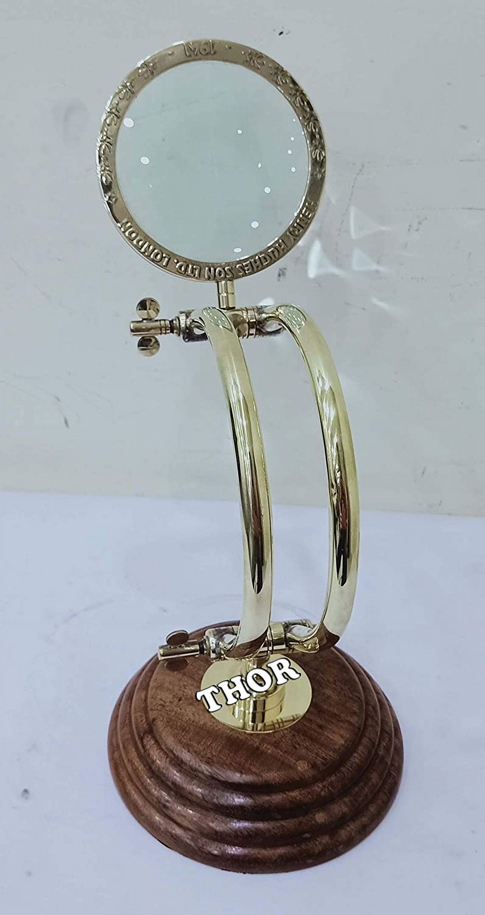 Antique Brass Magnifying Glass on Wooden Base Nautical Magnifier Lens