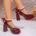 thumbnail image 4 of SCHUHLAND Elegant Wine Red Mary Jane Pumps for Women, Chunky 9cm Platform High Heels, Pearl Ankle Strap, Bowtie Detail, 4 of 16