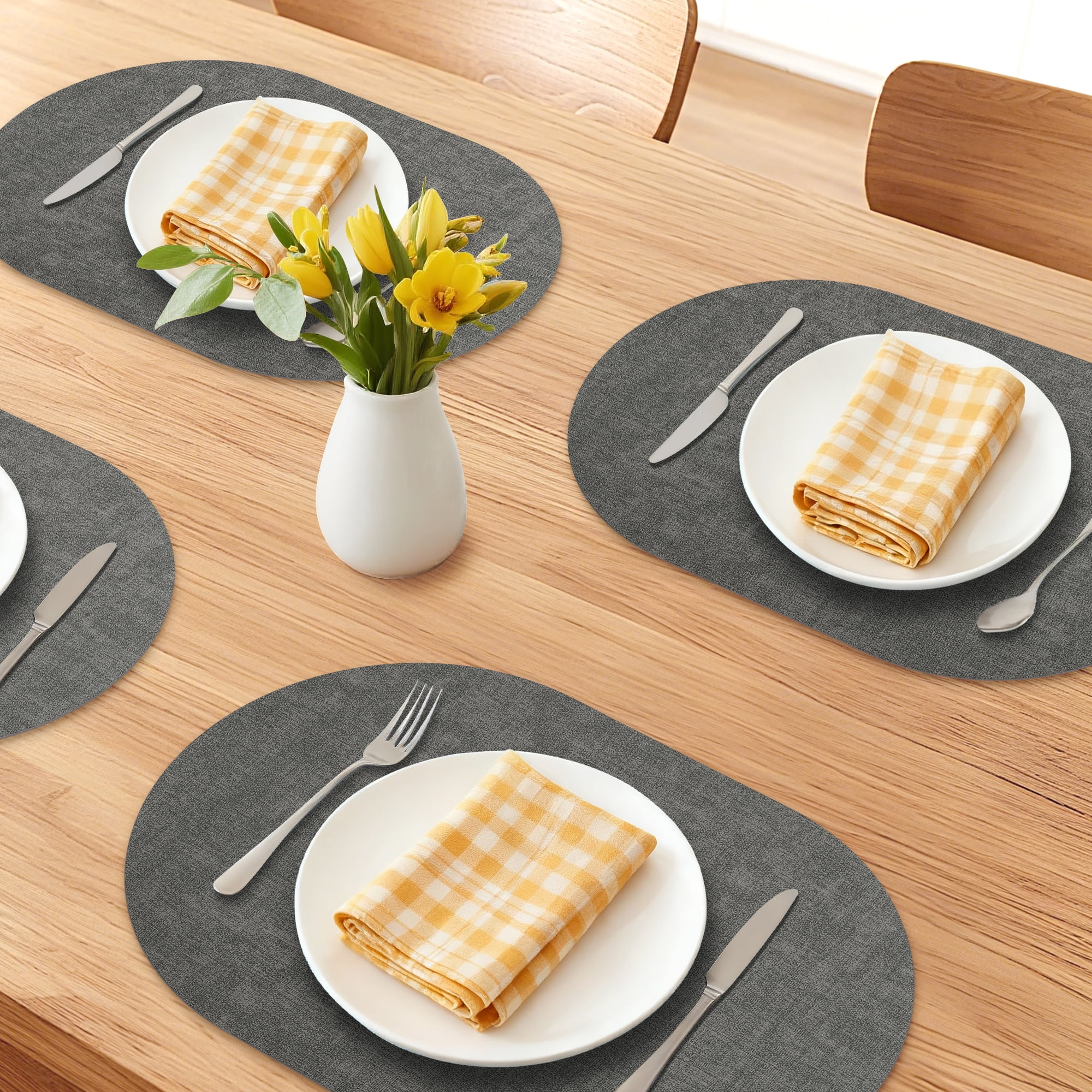 Unique Bargains 6pcs Oval Faux Leather Placemats Dark Gray 17.7"x11.8"
