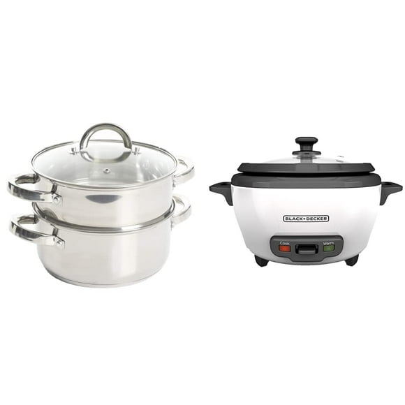 Oster Steamer Stainless Steel Cookware 3.0-Quart + Black+Decker 2-in-1 Rice Cooker & Food Steamer (6-Cup Capacity)