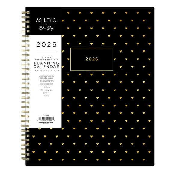 Blue Sky Ashley G 2026 Weekly and Monthly Planner Calendar, January 2026 - December 2026, 8.5" x 11", Flexible Cover, Durable Twin Wire Binding, Laminated Tabs, Pocket & Stickers, Sweetheart Black