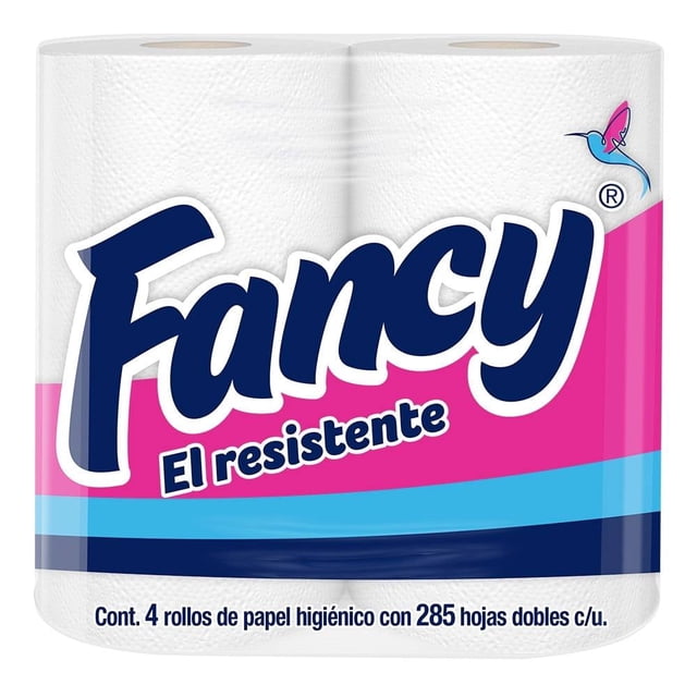 papel higiénico fancy 4 rollos con 285 hojas dobles c/u paquete frontal con cuatro rollos blancos texturizados, logo 'Fancy' en azul sobre franjas fucsia y celeste, leyenda 'El resistente' y texto impreso '285 hojas dobles' visible; apropiado para el hogar y a menudo usado como repuesto en kits de limpieza doméstica.
