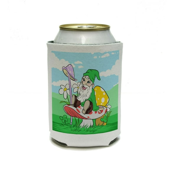 Gnome Sitting on a Mushroom - Lawn Clover Flowers Fantasy Can Cooler Drink Insulator Beverage Insulated Holder