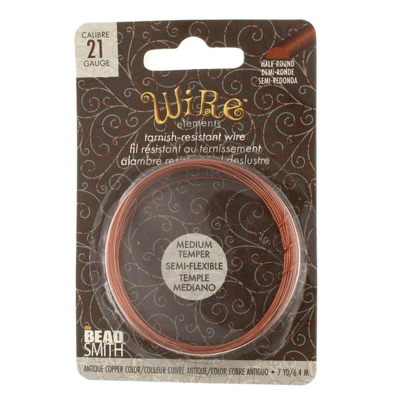 The Beadsmith Half-Round Craft Wire - Medium Temper Beading Wire, Antique Copper Color, 21 Gauge, 7 Yards