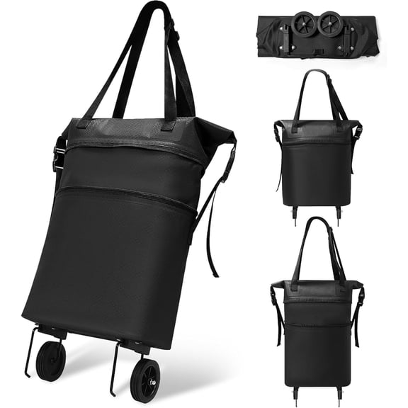 Expandable Rolling Duffle Bag with Wheels, 15-20L Large Foldable Weekend Travel Bag Luggage Bag, Water-Resistant Rolling Tote Bag for Grocery Runs, Trips, Camping, Shopping (Black)