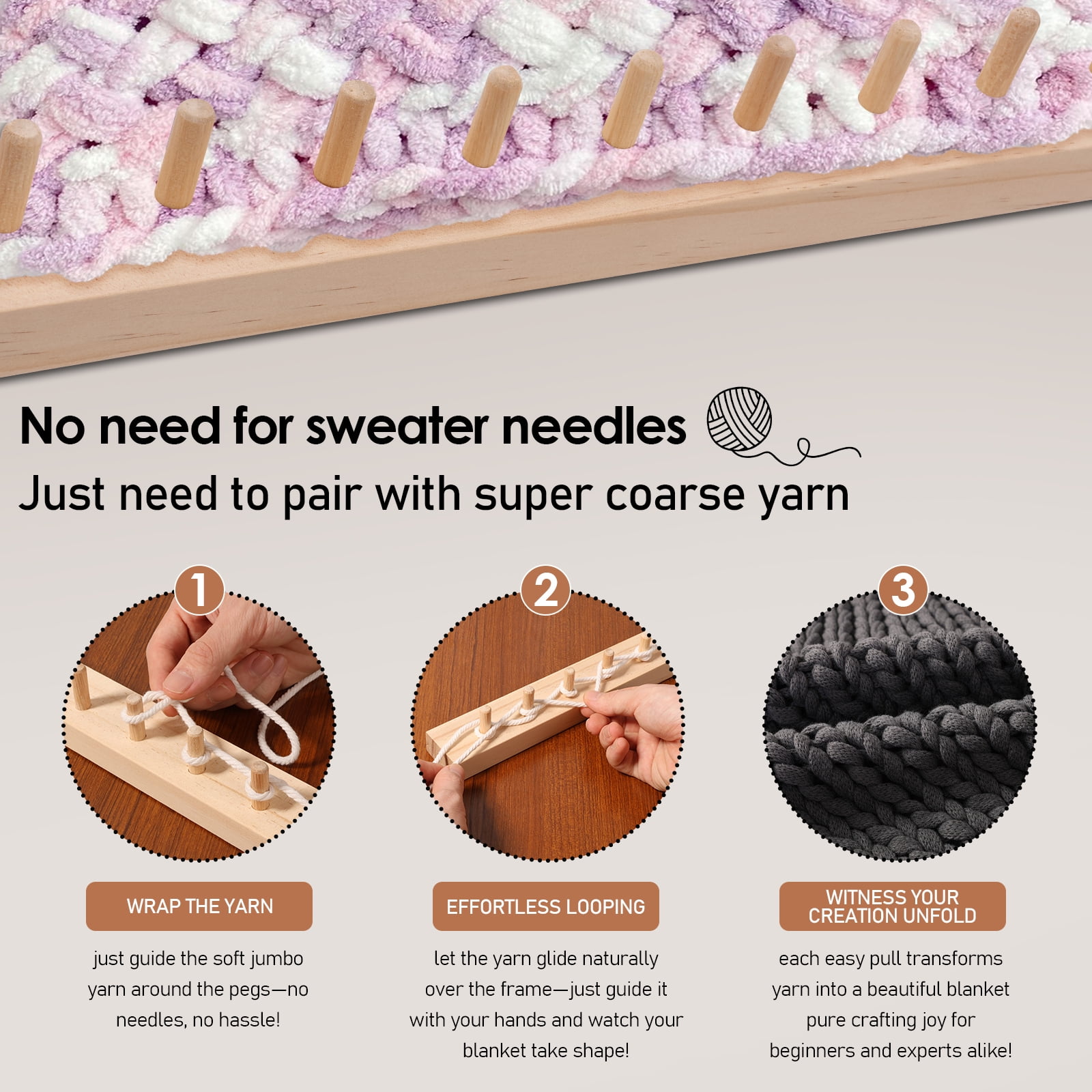 Ikoopy 46inch Chunky Knitting Blanket Machine Foldable Wooden Chunky Weaving Frame DIY Hand Knitting Tool for Beginners Crafts