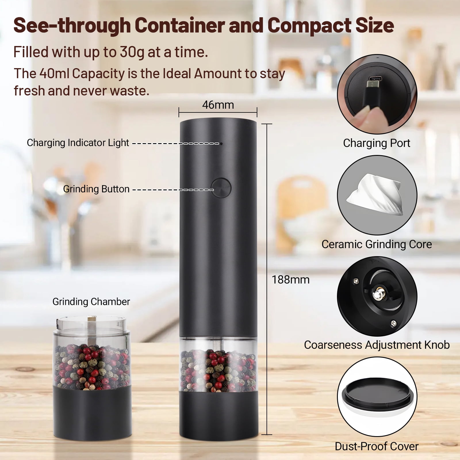 Adjustable Electric Spice Grinder Set (2-Pack) - Ceramic Core, Type-C Rechargeable, 5 Grind Settings for Home Cooking & Gifting