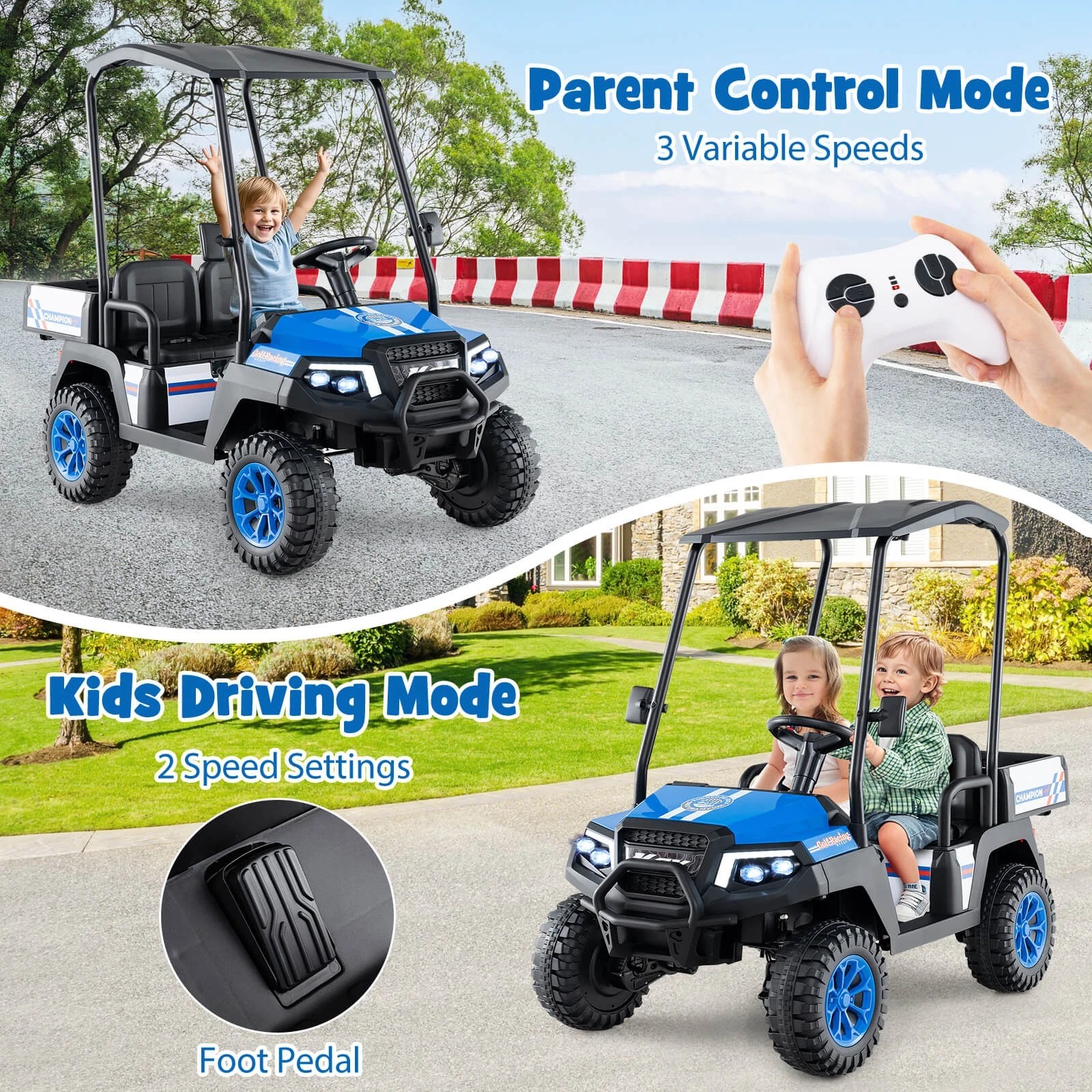 Exdeerjoy 24V 7AH Kids Golf Cart, 4WD 2 Seater Ride on Car w/Sun Shade, Storage & Remote Control, Battery Powered Vehicle