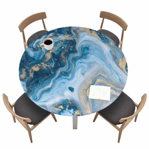 Blue Gold Marble Fitted Tablecloth with Elastic Edged, Round Table Cloth for Dining Table, Modern Abstract Geometric Gradient Waterproof Oil Proof Table Cover for Indoor Outdoor 36"-44"