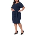 thumbnail image 4 of Agnes Orinda Women's Plus Size Pencil Dress Belted Tie Vintage Crew Neck Short Sleeve Office Work Midi Bodycon Dresses with Zipper 4X Navy Blue, 4 of 6