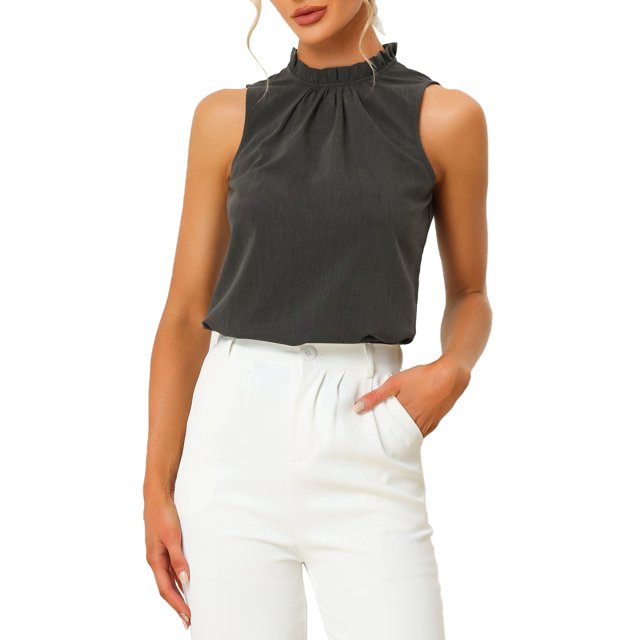 INSPIRE CHIC Blouse Décontractée Sans Manches à Col Montant à Volants pour Femme Gris Foncé TP