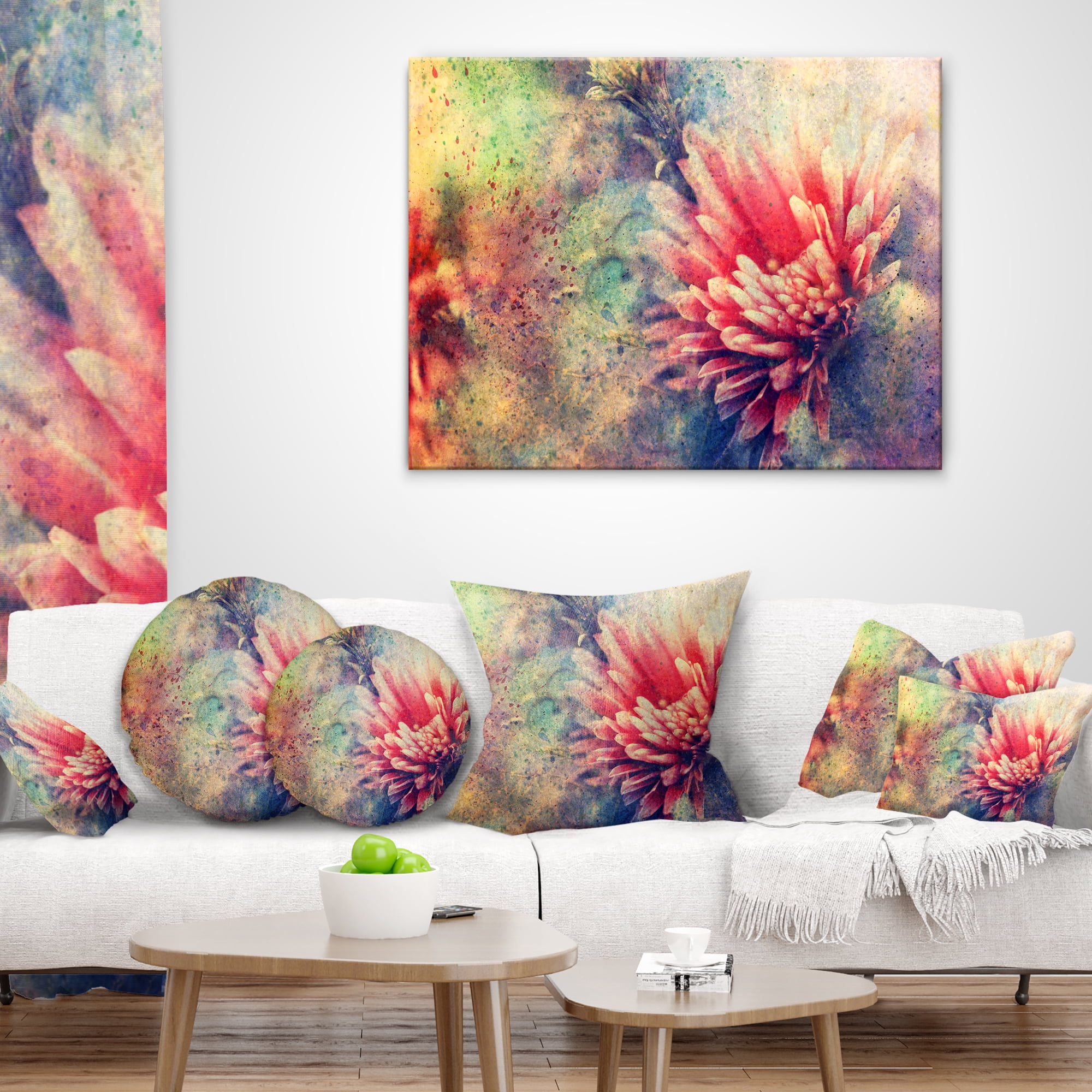 Designart Grunge Art with Flower and Splashes - Flower Throw Pillow - 18x18