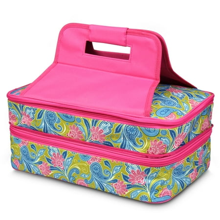 Casseroles For Christmas Lunch Double Rectangle Casserole Hot Cold Food Dish Insulated Carrier Thermal Lunch Tote Bag by Zodaca for Camping Traveling - Green/Pink Paisley ()