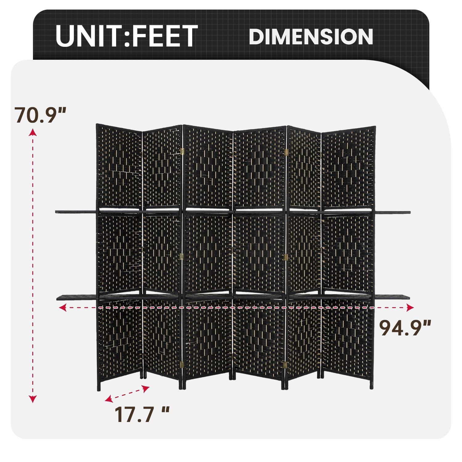 CL.HPAHKL 6 Panel Folding Wooden Room Divider, 5.88ft Tall Partition Screen with Removable Storage Shelves, Freestanding Portable Wall for Home Office Dorm Hotel, Black