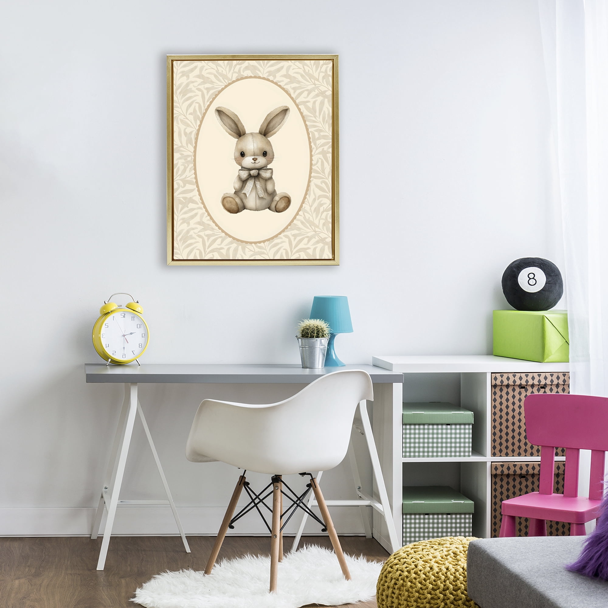 Stupell Industries Neutral Bunny in Oval Border Gold Framed Floater Canvas Wall Art, design by LSR Design Studio