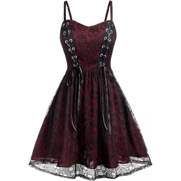 Vestido retro rockabilly con calavera, elegante vestido halter con tirantes, estampado de calavera, vestidos de fiesta vintage con vuelo, vestido de cóctel bohemio de corte A, enagua festiva de