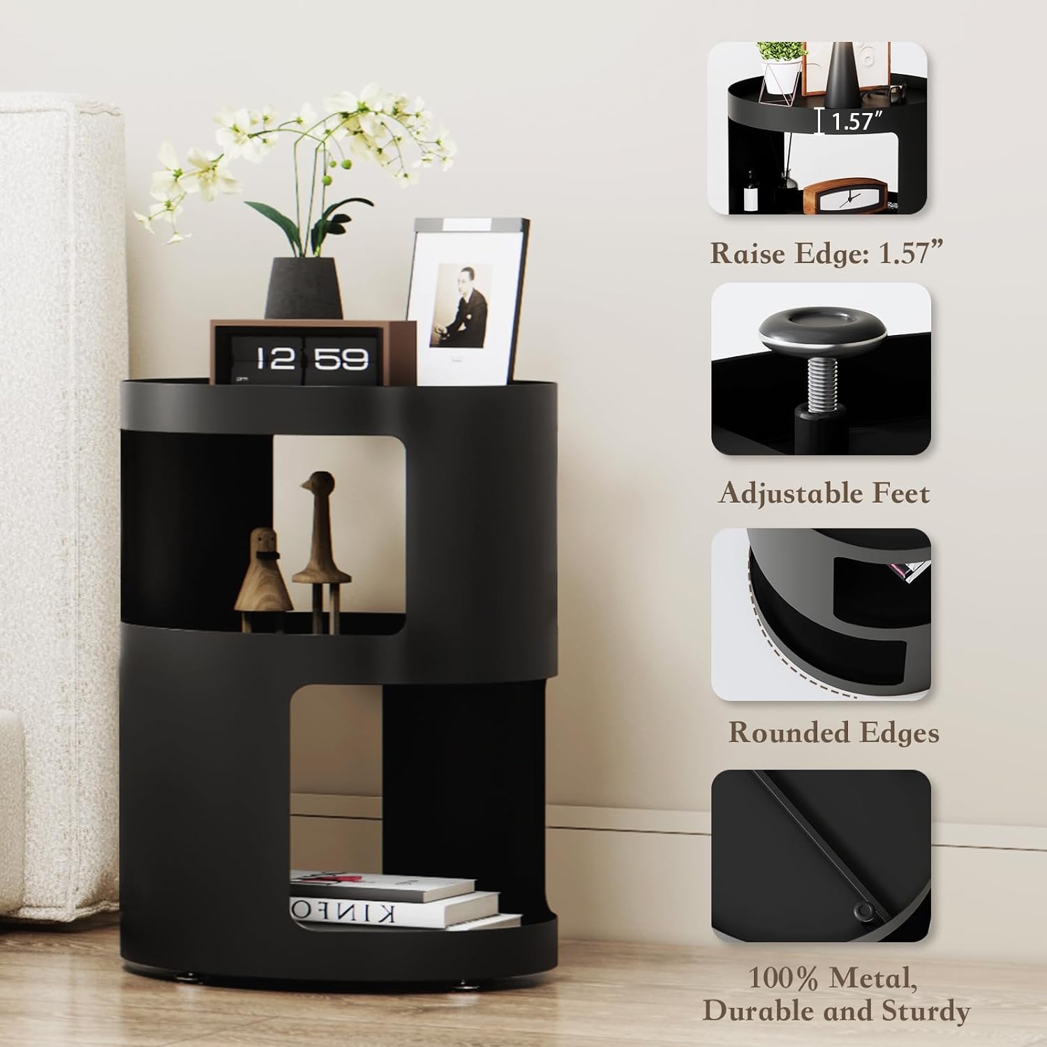 XIV Side Table, Round End Table, Metal Accent Table, Modern Nightstand, Small Bed Side Table for Living Room Bedroom Outdoor Entryway, No Assembly Required