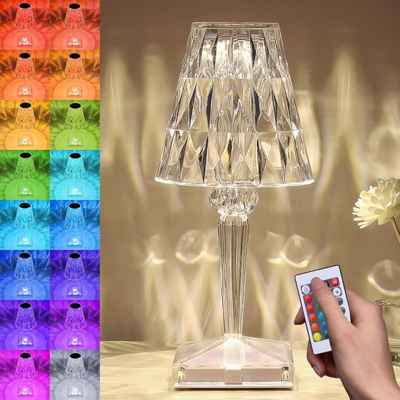 Crystal Diamond Table Lamp 16 Color Changing RGB Touch & Remote Control USB Rechargeable LED Romantic Artificial Crystal Night Light Bedside Lamp for Bedroom Living Room Party Dinner Decor