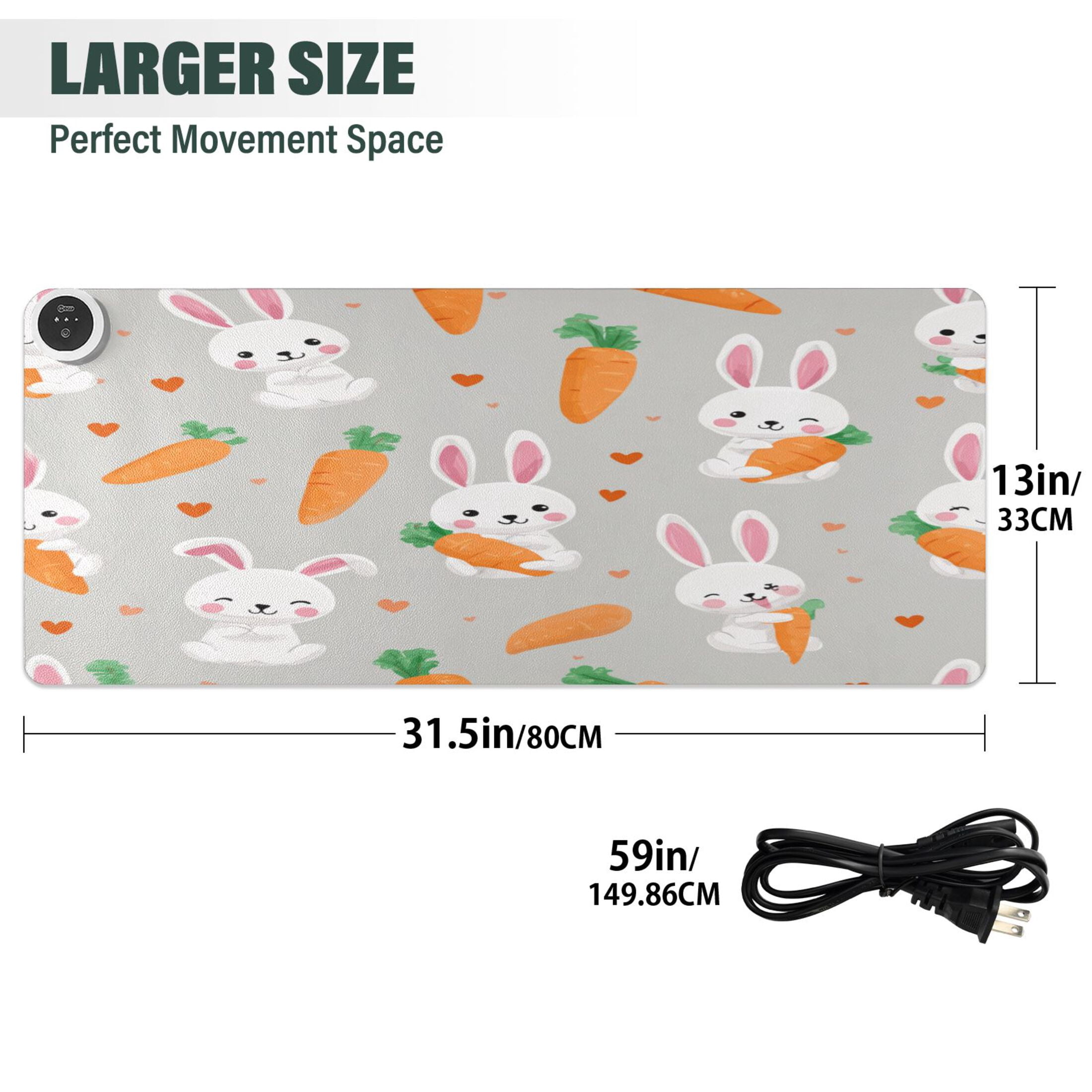 Large Heated Desk Mat Mouse Pad 31.5"x13"PU Leather Graphene Heating Desk Warmer with 3 Temperature Settings 110V US Plug Non-Slip Warm Pad for Home, Office, and Gaming Cute Bunny Carrot Print