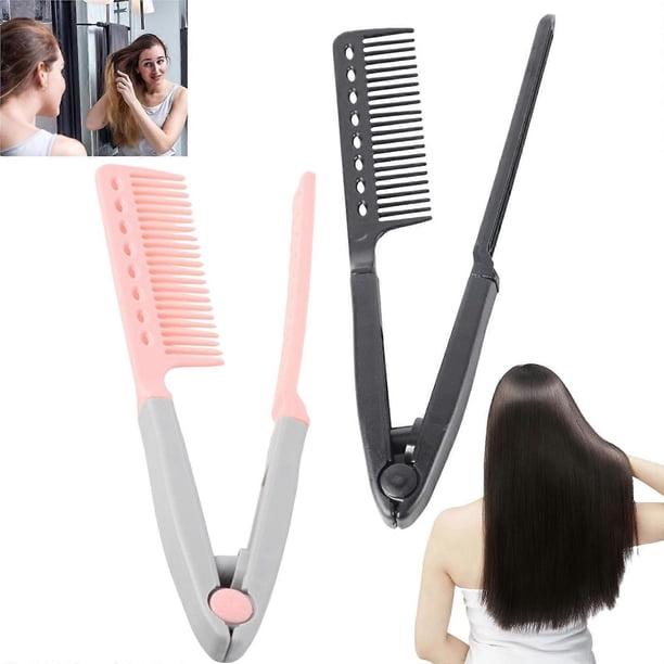 Paquete de 2 peines alisadores de cabello en forma de V, antiencrespamiento, cepillos de peinado profesionales con mango ergonómico, color negro y blanco.