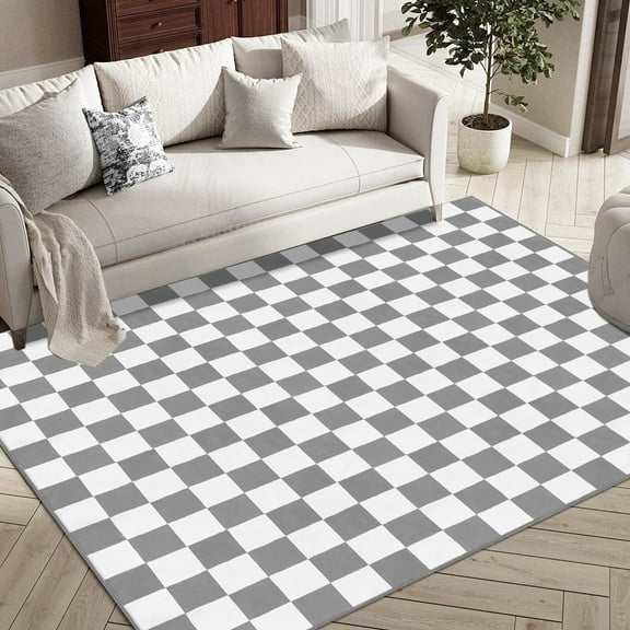 Artnice 5x7 Checkered Rug, Gray and White Washable Living Room Rug Indoor Non-Slip, Low Pile Soft Area Rugs for Bedroom, Dining Room, Home Decor