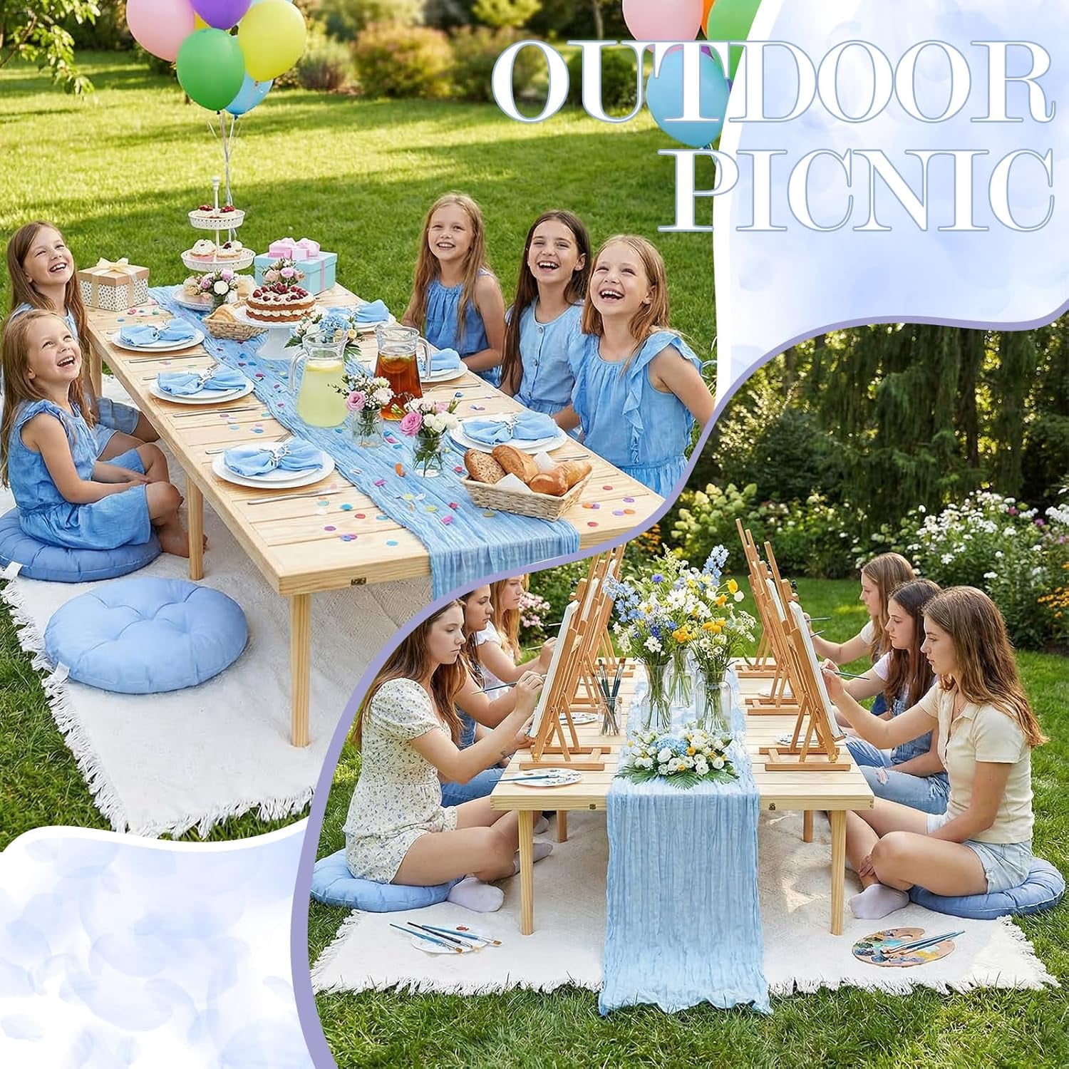 91 x 71'' Extra Large Outdoor Picnic Blanket with Blue Picnics Table Runner 6 Napkins and 6 Blue Floor Pillows Cushions for Picnic Party Camping Wedding Bachelorette Birthday Baby Shower Decor