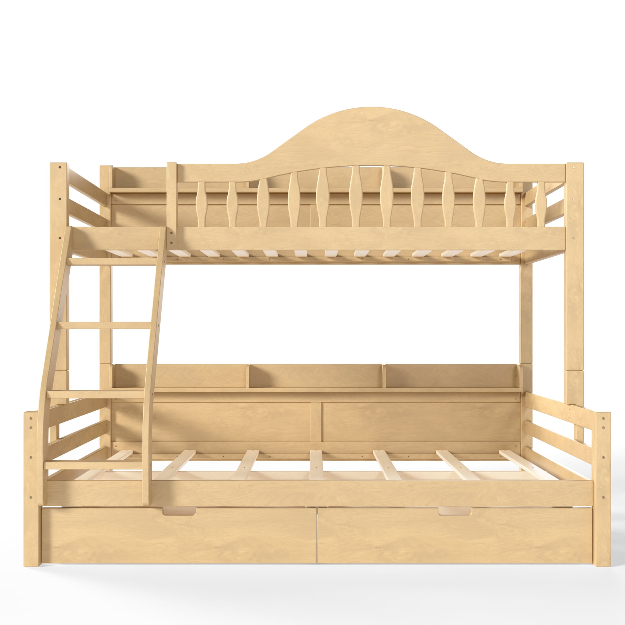 Leumius Twin over Full Bunk Bed with Storage Drawers, Chic Curved Guardrail & Side Storage Shelves, Bunk Bed Frame with Ladder Natural