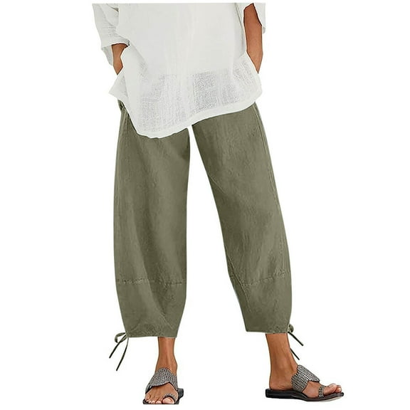 safuny Women's Cotton Linen Capri Pants Fashion Girls Teen Relaxed Solid Color High Elastic Waist Trousers Casual Comfy Daily Army Green S