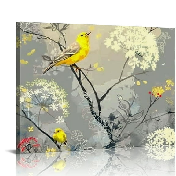 Creowell Flowers Birds Wall Art Abstract Print Canvas Home Decor Pictures Poster for Bedroom Living Room Office Large Yellow and Gray Painting Framed Ready to Hang,20x16 in/16x12 in 20x16in