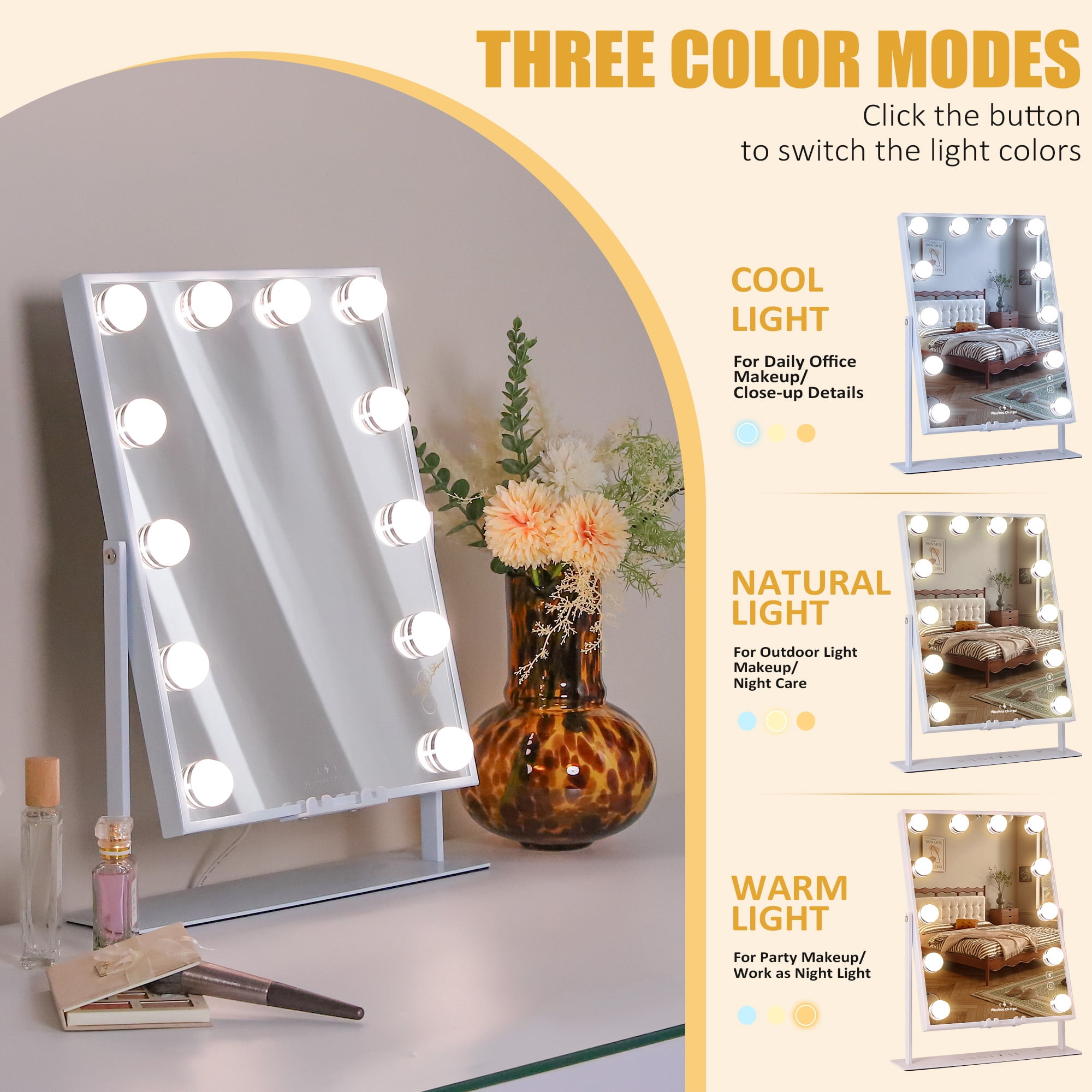 Fenchilin Vanity Makeup Mirror with Lights Bluetooth Wireless Charging Tabletop Metal White