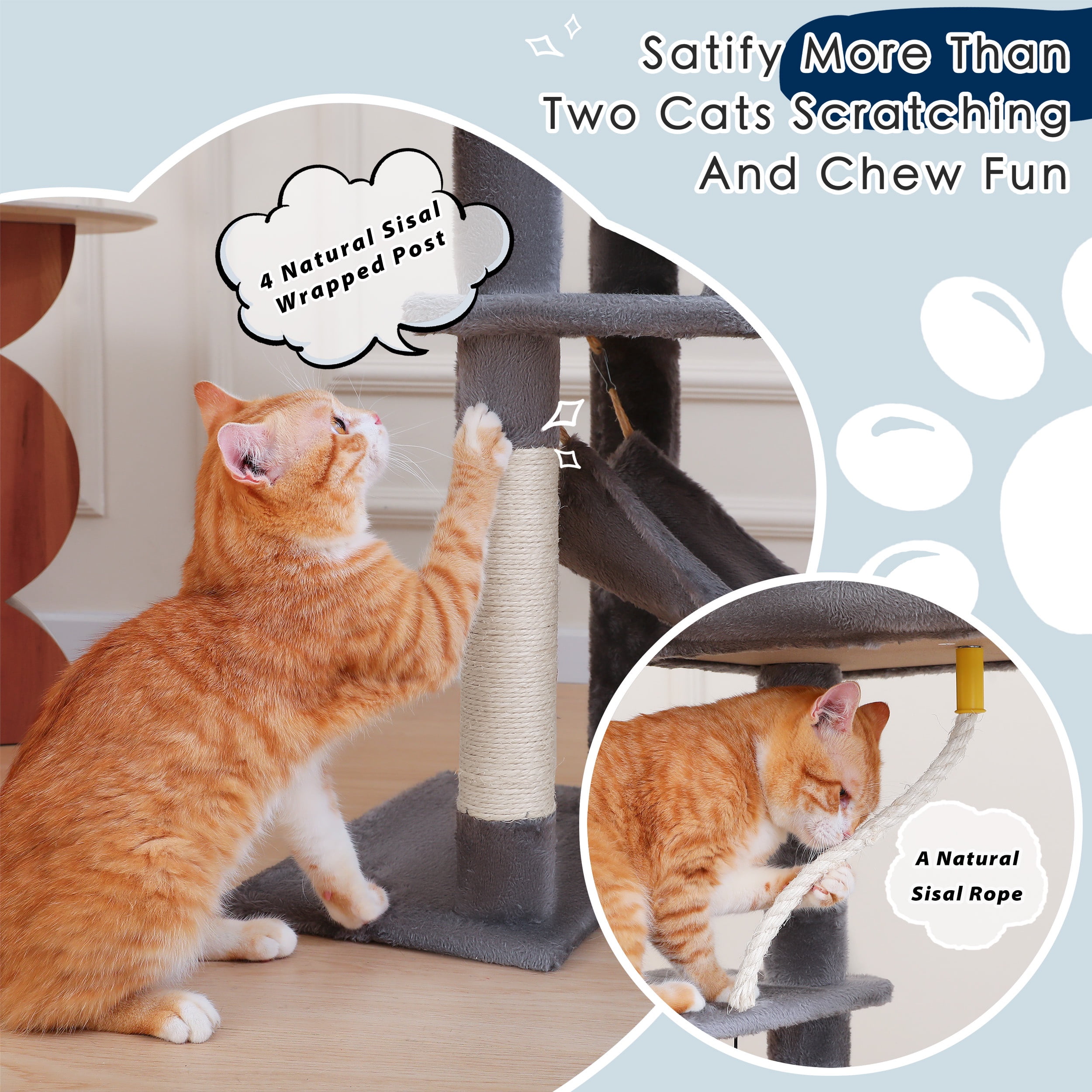 Vibrant Life 58.5inch Multi Level Cat Tree Tower with Interactive Dangling Ball and Double Base,Gray