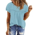thumbnail image 4 of Women's Casual Boho Tops Lace Crew Neck Ruffle Sleeve Shirts Summer Pleated Flowy Loose Fit Cute Basic Blouses (M, Light Blue), 4 of 7