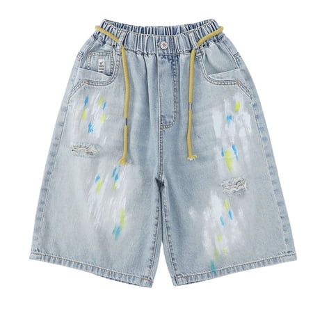 Landzoo Kids Boys Girls Shorts Graphic Print Elastic Waist With Pockets Summer Quick Dry Boys Denim Shorts Size 9-10 Years Light blue