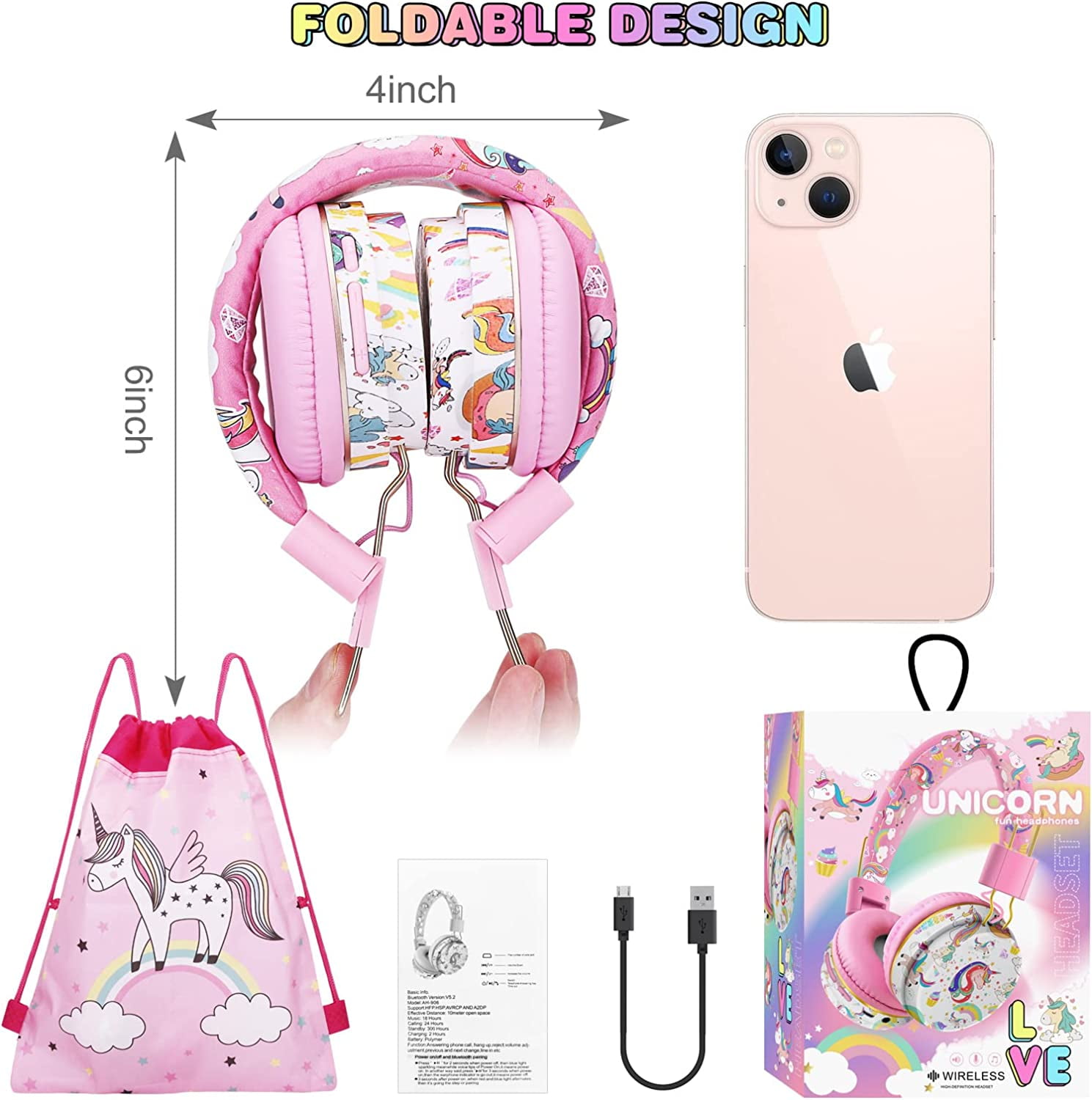 TCJJ Unicorn Headphones for Girls Kids for School, Kids Bluetooth Headphones with Microphone & 3.5mm Jack, Teens Toddlers Wireless Headphones with Adjustable Headband for Tablet/PC