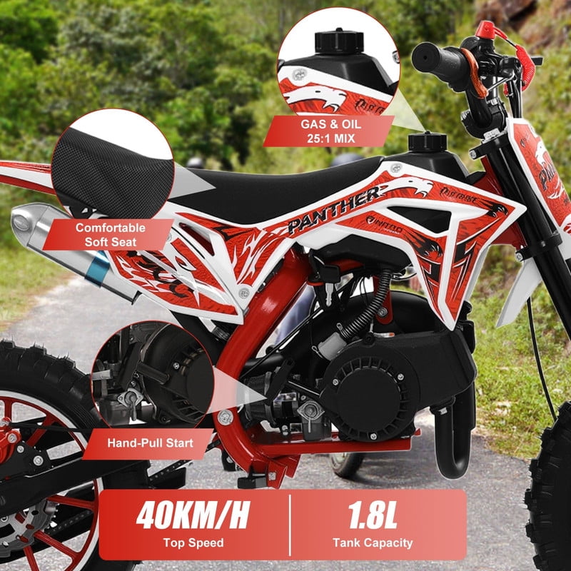 49cc High Power Kids Dirt Bike, 2-Stroke Mini Motorcycle Gas Powered Trail Bike - Mini Dirt Bikes with Hydraulic Shock Absorbers 220LBS Capacity 12-18 Miles Range 40KM/H