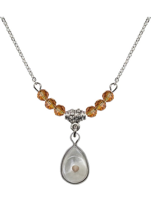 18-Inch Hamilton Gold Plated Necklace with 4mm Topaz Birthstone Beads and Gold Filled Saint Jude Charm.