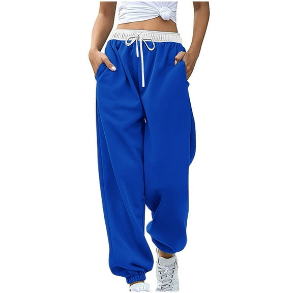 Wyobmus Women's High Waisted Sweatpants Fashion Solid Color Workout Active Joggers Drawstring Full Length Pants With Pocket A-Blue