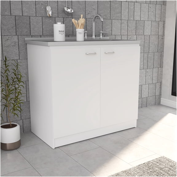 JERFIT White Freestanding Kitchen Sink Cabinet with Double Doors and Shelves for Storage, Engineered Wood