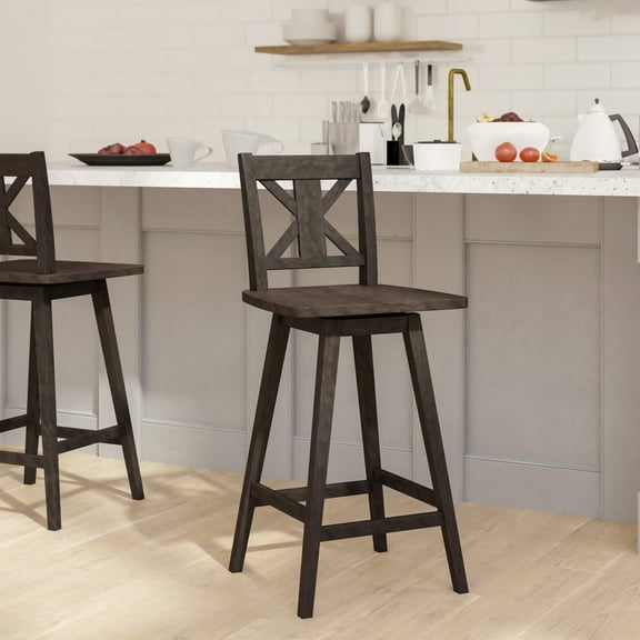 Emma   Oliver Modern Swivel Decorative Carved Back Bar Stools, Gray Wash Walnut
